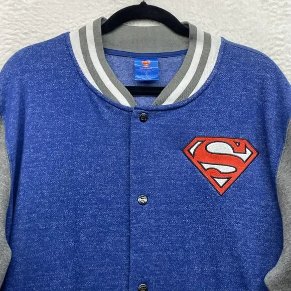 Superman Bioworld Jacket Mens XL Blue Gray Varsity Fleece Snap DC Comics Logo - Picture 4 of 11